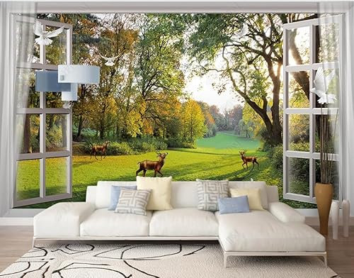 Papier Peint Intissé Paysage Devant La Fenêtre, Bois Et Bord De Rivière Poster Tableaux Muraux Tapisserie Photo Trompe L'Oeil Salon Chambre Art Mural 150Cm(L) X105Cm(H)