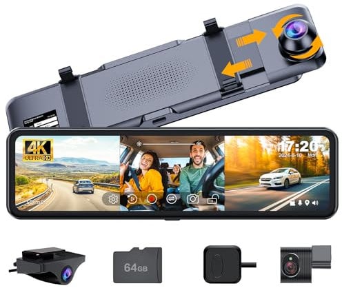 Martalk 3 Channel Mirror Dash Cam with Front 4K, in-Cabin & Rear 1080P Cameras, Enhanced Night Vision, G-Sensor & Parking Monitor, 64GB Card Included, Triple Rear View Mirror Camera for Cars & Trucks