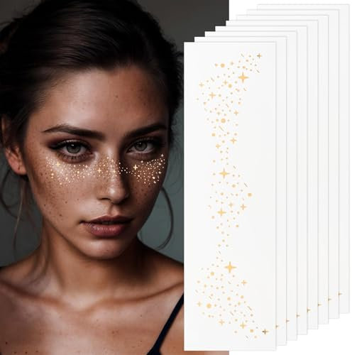 Calkkrer 8 PCS Goldene Glitzer Sommersprossen Tattoos, Wasserfeste Freckles Gesicht Aufkleber, Glitzer Tattoo Party Accessoires, Selbstklebende Glitzersteine Für Karneval