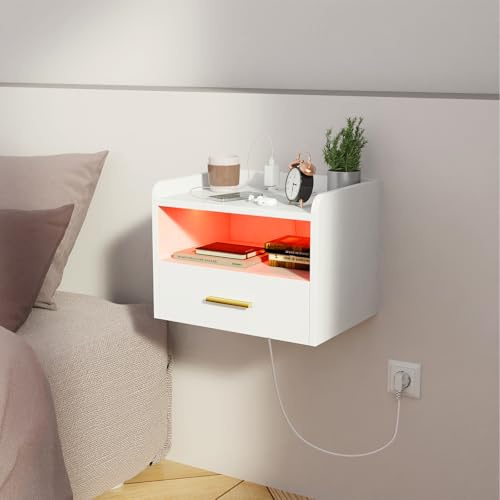 HaodaCulture Nachttisch wandmontage, Nachtschrank Hängend, Offenes Fach Und Einer Schublade, 2 USB Anschlüsse, 2 Steckdosen, 16 Farben LED Nachttisch mit Ladestation 40x30x30cm