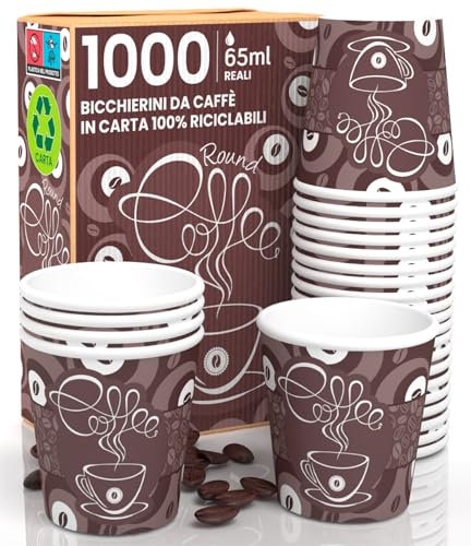 Eurocali 1000 Bicchierini in Carta per Caffè 65ml Coffee Round Bicchieri Riciclabili Monouso Piccoli Asporto Bevande Calde