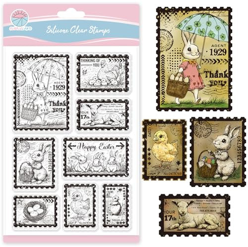 GLOBLELAND Frühling Vintage Briefmarken Mit Osterhasen Transparente Stempel Zum Basteln von Karten Osterhähnchen Schaf Silikon Stempel Grüße Frohe Ostern Transparente Stempel Siegel Für Scrapbooking