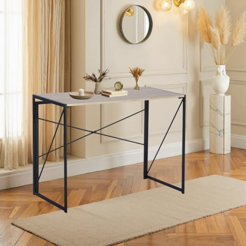 FurnitureR Folding Computer Desk,Industrial Style MDF Table Top Black Metal Frame,Space Saving For Small Apartment, Home Office Students Teens Room,100 x 50 x 72-75 cm (Roman, 100 * 50 * 75cm)