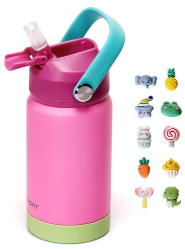 pluseight Kids Insulated Water Bottle with Straw Lid, 350ml BPA-Free Double Wall Vacuum Tumbler 18/8 Stainless Steel Leak Proof Kids Cups with Straw for School Travel Boys Girls (Rose)