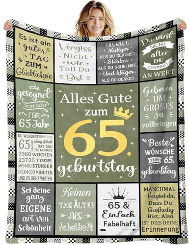 Decke 65 Geburtstag Frauen Männer, Kuscheldecke zum 65. Geburtstag Frau Mann Deko Salbeigrüne, Alles Gute zum Deko 65 Jahr Geburtstag Geschenk Flanelldecke für Mutter Oma Schwester Ehefrau Party