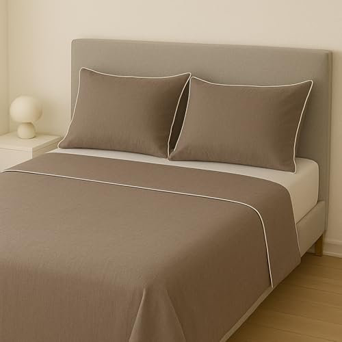 Completo Lenzuola Matrimoniali 100% Cotone Made in Italy – Set Letto Elegante con Profilo Decorativo, Stile Moderno e Fantasia Tinta Unita Disponibile in Diverse Raffinate Colorazioni (Tortora)