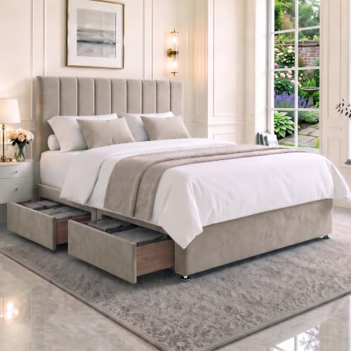 amu - Luxurious Stripe Double Bed and Mattress Included | 2 Storage Drawers | Plush Fabric | Elegant Space-Saving Comfort for Restful Sleep | Built to Last (Pebble)