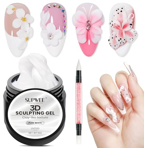 SUPWEE Gel Ongle 3D de sculpture pour Nail design, gel 3D de type argile | blanc avec stylo en silicone, pâte à modeler pour fleurs et ornements, manucure à la maison, salon d'ongles DIY, 15g