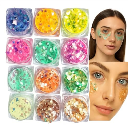 12 Colors Glow in The Dark Chunky Glitter Set - Iridescent Laser Flakes with UV Neon Effect for Face Body Nails and Hair - Festival Rave Party Halloween Makeup or DIY Craft Use