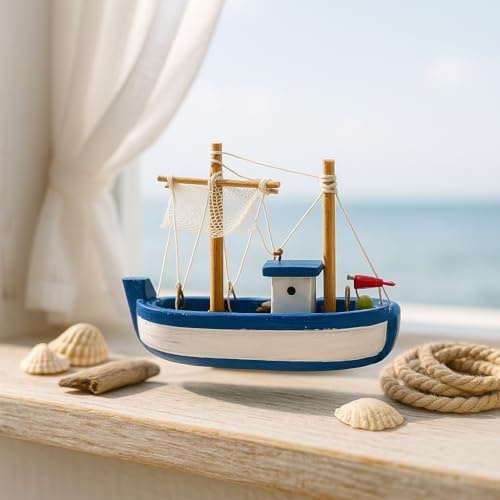 2er-Set Mini-Fischerboot Holz – Handbemalte Deko-Kutter auf Ständer Blau (7 × 10 × 3,5 cm) oder Rot (9 × 10 × 3,5 cm), Maritime Modellboote fürs Wohnzimmer, Bad & Büro, Geschenkidee (Blau ohne Fuß)