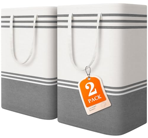 EpicTotes 2 Pack Large Laundry Baskets, Laundry Hampers, Freestanding Waterproof Collapsible Clothes Bags with Reinforced Handles - Foldable Dirty Clothes Basket for Dorm, Bathroom, Room (Grey/75L)