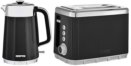 GEEPAS Arcus 1.7L Electric Kettle & 2 Slice Toaster Kitchen Combo Set | 3000W Rapid Boil Cordless Jug Kettle | Auto Shut-Off 360° | 930W Bread Toaster 7 Browning Levels Cancel Defrost Reheat | Black