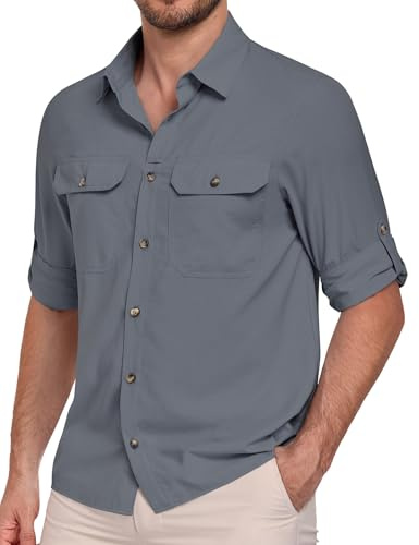 Xnova Men's Long Sleeve Hiking Shirts Relaxed Fit Sun UV Protection Safari Shirt Button-Down Breathable Quick Dry Multifunctional Outdoor Shirts with Pockets