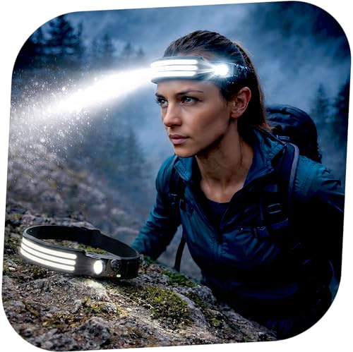 Stirnlampe LED Wiederaufladbar, Akku und USB-C, Super-Hell, 3 COB-LED Weiß Sensor Kopf-Lampe Licht Taschenlampe, IPX5 Wasserdicht, 106g, Für Camping, Arbeit, Werkstatt, Joggen, Wandern, Laufen, Angeln