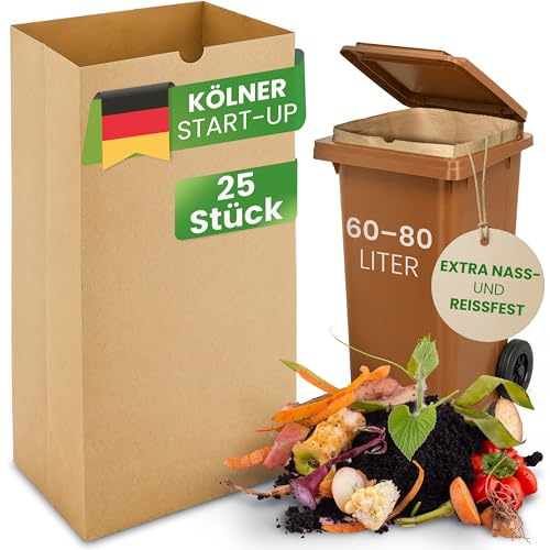 Naturaleaf® Biomüllsäcke 60-80L | 25 Stück | Extra Nass- & Reißfest | Hält deine Biotonne madenfreie & sauber | Biotonnenmüllsäcke mit optimaler Stärke & Haltbarkeit | Papiermüllsäcke