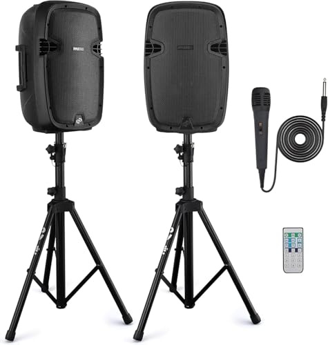 Pyle Portable PA Speaker System 1000W Bluetooth Active/Passive Outdoor | 1000W peak power, Bluetooth streaming, includes mic, remote, mounts & stands