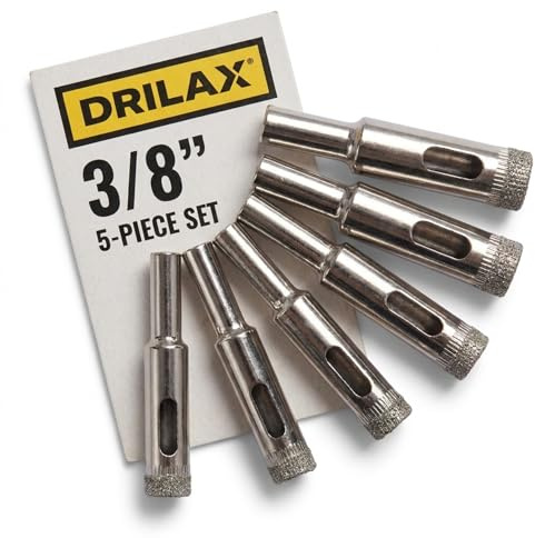 Drilax Diamond Drill Bit Set 3/8 Inch Ceramic Porcelain Tile Glass Bottle Granite Hole Saw 5 Pieces Pack | Stone Granite Triple Coated Bottle Planter Craft Hand Rail Anchor Wet Cut Circular Motion Technique