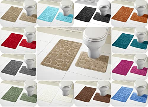 Voice7 Luxury 2 Piece Cali Circles Bath and Pedestal Mat Set - Non Slip Rubber Backing & Comfortable - Choose from 15 Stunning Colors (Biscuit, UK Size)