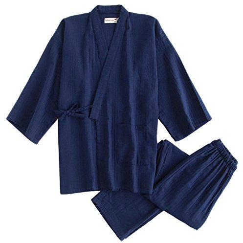 Fancy Pumpkin Les Hommes de Style Japonais Double Gaze Coton Kimono Pyjamas Costume Robe Robe Ensemble [Marine, L]