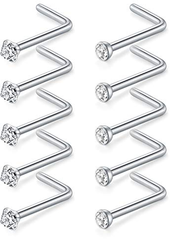 D.Bella Nasenstecker 18G L Form Nasenringe 316L Chirurgenstahl Nasenpiercing Ohrstecker mit 2.0mm Zirconia Nase Nostril Piercing Stecker 10 Stk Silber Farbe