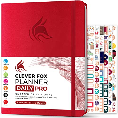 Clever Fox - Planner Daily PRO - A4, Täglicher Lebensplaner und Dankbarkeits-Tagebuch zur Steigerung der Produktivität, Zeitmanagements, Zum Erreichen Ihrer Ziele, Undatiert, 3 Monate, Rot