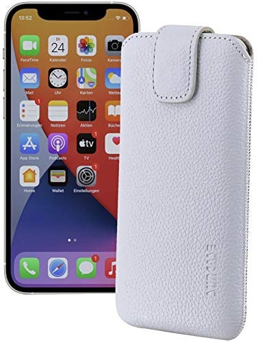 Suncase ECHT Ledertasche Leder Etui kompatibel mit iPhone 12 Pro (6.1) (mit Rückzugsfunktion und Magnetverschluss) Weiss