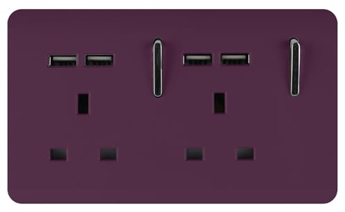 Trendi 2 Gang Artistic Modern Glossy Screwless Raised 13 Amp 240v Short 4 USB Type A Charging Points Double Chrome Switched Electrical Wall Plug Socket Plum Purple - ART-SKT213USBPL