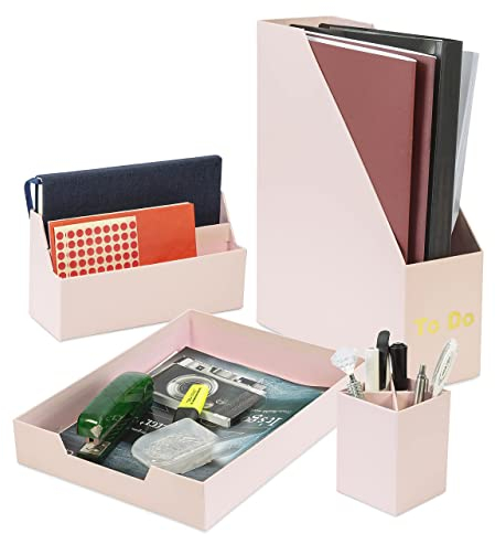 Bravich Modern Desk Organiser Set | Recyclable Material Organiser Set of A4 Letter Tray, A4 Magazine Rack, A5 Dual Storage Stand and Pen or Pencil Pot for Home and Office - 4 Piece, Pink