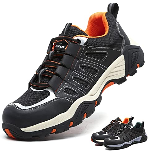 ISOOUS Arbeitsschuhe Herren Sicherheitsschuhe Damen Leicht Sportlich mit Stahlkappe Schwarz Orange 42