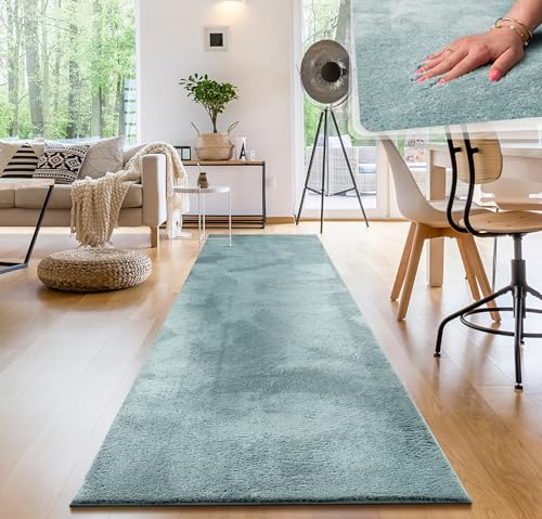 Paco Home Moderner Kuscheliger Wohnzimmer Teppich Kurzflor waschbar flauschig Weich Einfarbig Felloptik zeitlos stilvoll rutschfest pflegeleicht, Grösse:80x300 cm, Farbe:Türkis