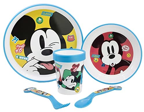 VAISSELLE POUR ENFANTS 5 PIÈCES AVEC BASE ANTIDÉRAPANTE. ASSIETTE, BOL, VERRE DE 260 ML ET COUVERTS. SANS BPA | MICKEY FUN-TASTIC