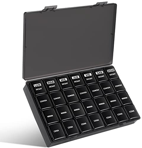 Opret Pastillero Semanal 4 tomas Español, Pastillero Diario con 28 Compartimentos, Organizador Pastillas y Dispensador Comprimidos para Viaje