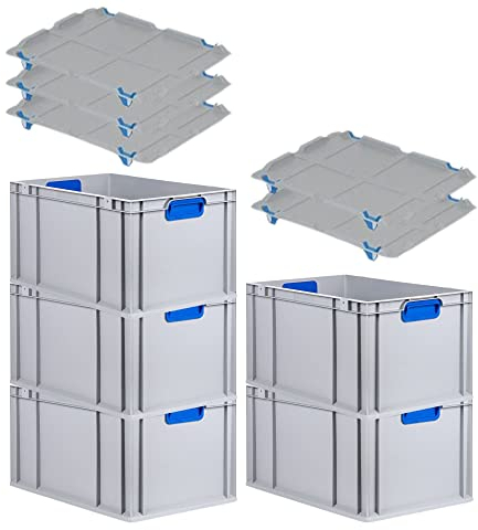 PROREGAL SuperSparSet 5x Eurobox NextGen Color mit Auflagedeckel & Schiebeschnappverschlüsse, HxBxT 32x40x60cm, 65L, Griffe blau geschlossen, Verstärkter Boden, Eurobehälter Transportbox