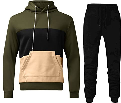 QWUVEDS Herren-Fleece-Pullover mit Kordelzug und Kapuze, Farbblock mit Taschen, Kapuzen-Sweatshirt, zweiteiliges Set Herren Schal