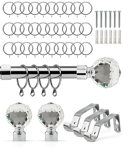 Emma Barclay Extendable Curtain Pole With Finials Rings Brackets & Fittings Sets 16-19mm in Chrome Metal Curtain Poles For Eyelet Curtains Rod - Crystal Collection 1.6m - 3m Chrome
