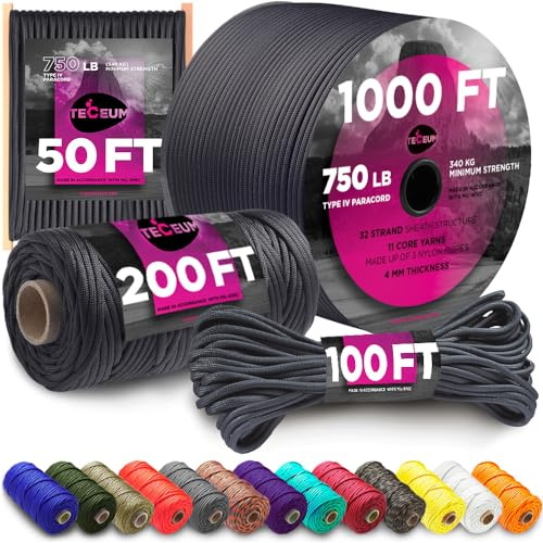 TECEUM Paracord Seil 750 - Basaltgrau 60 m - Survival Schnur Kordel 4mm | 11 Nylon-Stränge, 340 kg Tragkraft, Camping, Abspannseil, Wäscheleine, taktische Ausrüstung, Armband, Basteln, Basaltgrau