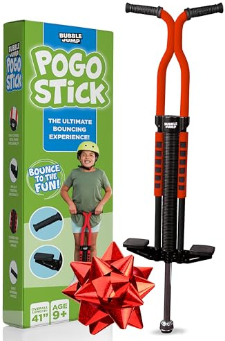BUBBLE JUMP Pogo Stick for Kids Age 10 & up Red - for Boys, Girls, Teens & Adults 80 to 160 Lbs - Easy Grip Rubber Handle Master Jumper Pogo Sticks - High Jumping Kids Pogo Stick