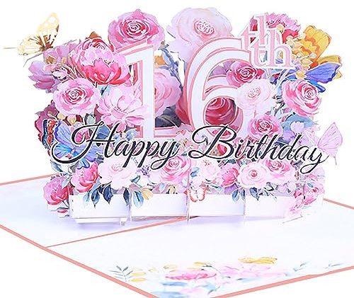 Geburtstagskarte zum 16. 3d blume pop up geburtstag karte Grußkarten Geschenk-Karte mit Umschlag Happy Birthday Greeting Card für sechzehn 16 jahre mädchen, Freundin, Freunden, Familie girl (Rosa)