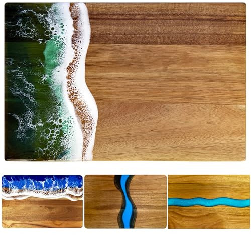 LILKUISYN Handcrafted Acacia Wood Cutting Board Resin Green Wave Pattern for Kitchen Meal Prep and Serving Versatile Cheese & Charcuterie Board for Meat Vegetable Fruit Gift 15x10 Inch