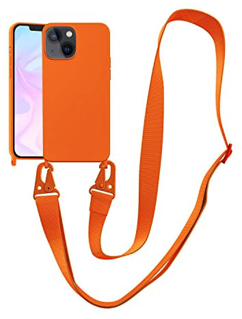 Handykette Handyhülle kompatibel mit Apple iPhone 15 Necklace Hülle Nylon Schultergurt Weich Silikon TPU Cover mit Kordel zum Umhängen Schutzhülle mit Stylische Band(orange)