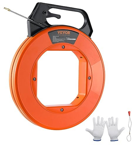 VEVOR Aiguille Électricien 30,5 m Tire Fils Électrique en Fibre de Verre Extracteur Tirage Fil Câble Flexible 4,5 mm avec Boîtier Poignée Gants robustes pour Murs Conduits Électriques Non Conducteur