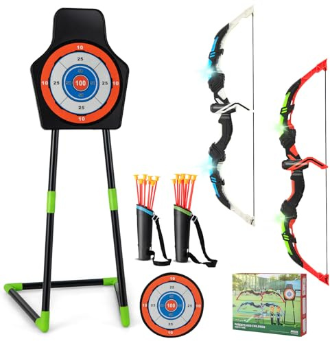 GYMAX 2 Pack Bow and Arrow Set for Kids, LED Light Up Archery Toy Set | with 20 Suction Cup Arrows, 2 Quivers, Standing/Hanging Target, Outdoor Toys Gifts for Boys Girls Aged 3+