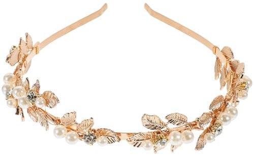 FRCOLOR Wedding Headband Rose Gold Bridal Headband Rhinestone Retro Crystal Headband Pearls Headband Metal Leaves Crown Head Band Tiara for Women Wedding Hair Accessories