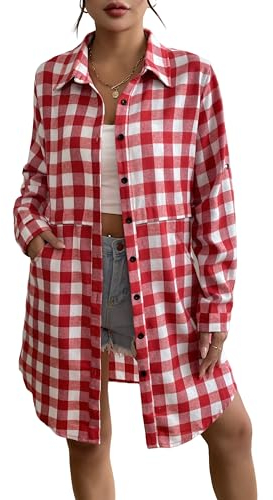 UNibelle Chemise Femme Chemise Décontractée Veste à Carreaux Col en V Chemise à Manches Longues Haut Ample avec Poches Rouge M
