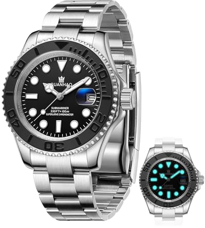 GUANHAO Men's Automatic Mechanical Diving Watch, 40mm Luminous Dial, 100M Waterproof, Luxury Fashion Business Casual Sport Designer Genuine Watch with Calendar, Rubber/Stainless Steel Strap