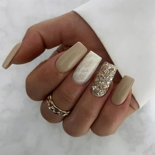 24pcs Medium Square Glitter Gold Stick-on Nails - Beige Press-on Removable Glue-on Full Cover Fake Nails for Women Girls - Nail Art Accessories