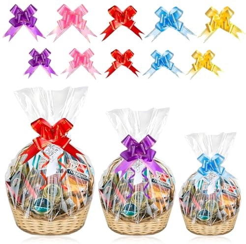 SelfTek 30 Pcs Cellophane Bags for Hampers, 3 Sizes Large Hamper Bags with 30 Pcs Pull Bows Clear Cellophane Wrap Bag for Gift Baskets Making Easter Presents Packaging