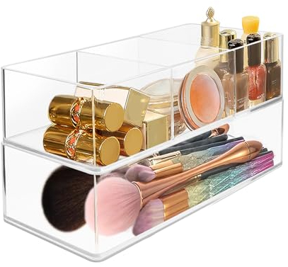 LUBOXIN Set of 2 Make Up Drawer Organiser, 3-Compartment & 1-Compartment Acrylic Makeup Organizer Stackable Makeup Storage Organizer Box Clear Cosmetic Storage for Eyeshadow, Cosmetic, Lipstick