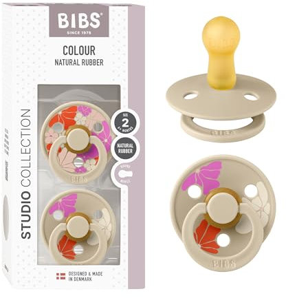 BIBS Colour Studio Schnuller 2er-Pack, BPA-frei, Kirschform Nippel. Naturkautschuk/Latex, Hergestellt in Dänemark, Größe 2 (6-18 Monate), Morning Bloom Vanilla