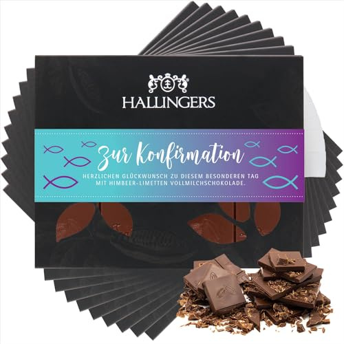 Hallingers Genuss Manufaktur Schokolade Glückwunsch-Geschenk - Tafel Edelkakao handgeschöpft ohne Alkohol edler Karton 10x Zur Konfirmation Himbeer-Limette, Geschenkidee für Jungs Mädchen